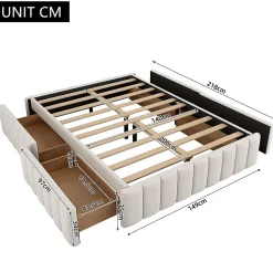 Lit adulte lit 140x200 cm lit rembourré avec 4 tiroirs Single velours beige