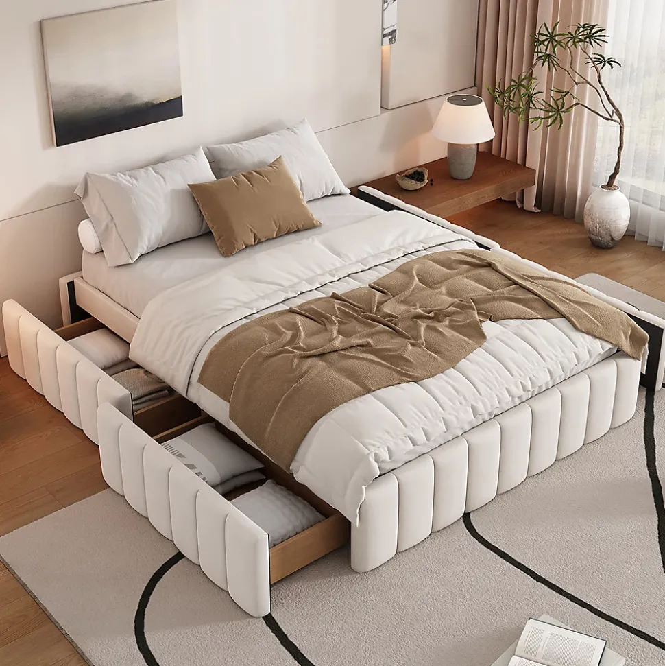 Lit adulte lit 140x200 cm lit rembourré avec 4 tiroirs Single velours beige