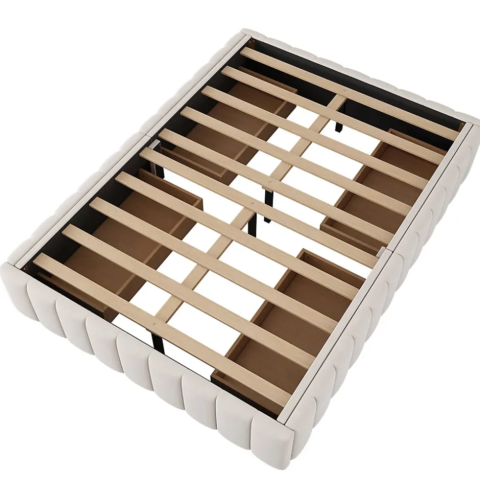 Lit adulte lit 140x200 cm lit rembourré avec 4 tiroirs Single velours beige