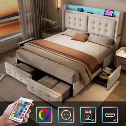 Lit adulte lit 180x200 cm lit rembourré lit 4 tiroirs lit de rangement avec sommier à lattes en bois lit double coton lin beige