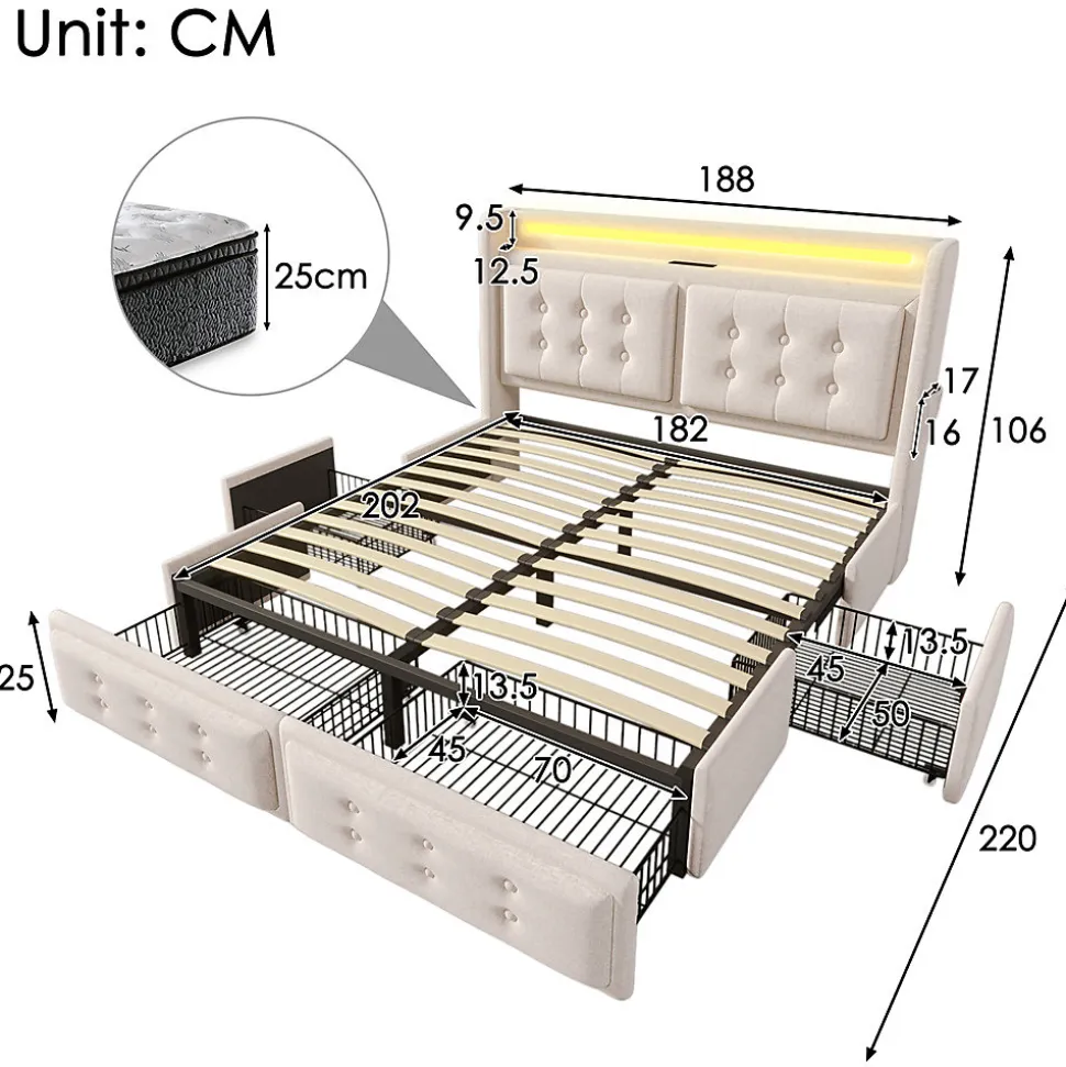 Lit adulte lit 180x200 cm lit rembourré lit 4 tiroirs lit de rangement avec sommier à lattes en bois lit double coton lin beige