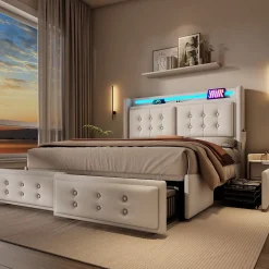 Lit adulte lit 180x200 cm lit rembourré lit 4 tiroirs lit de rangement avec sommier à lattes en bois lit double coton lin beige