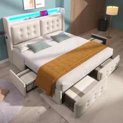 Lit adulte lit 180x200 cm lit rembourré lit 4 tiroirs lit de rangement avec sommier à lattes en bois lit double coton lin beige