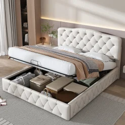 Lit adulte lit 140x200 cm lit rembourré hydraulique lit double pu blanc