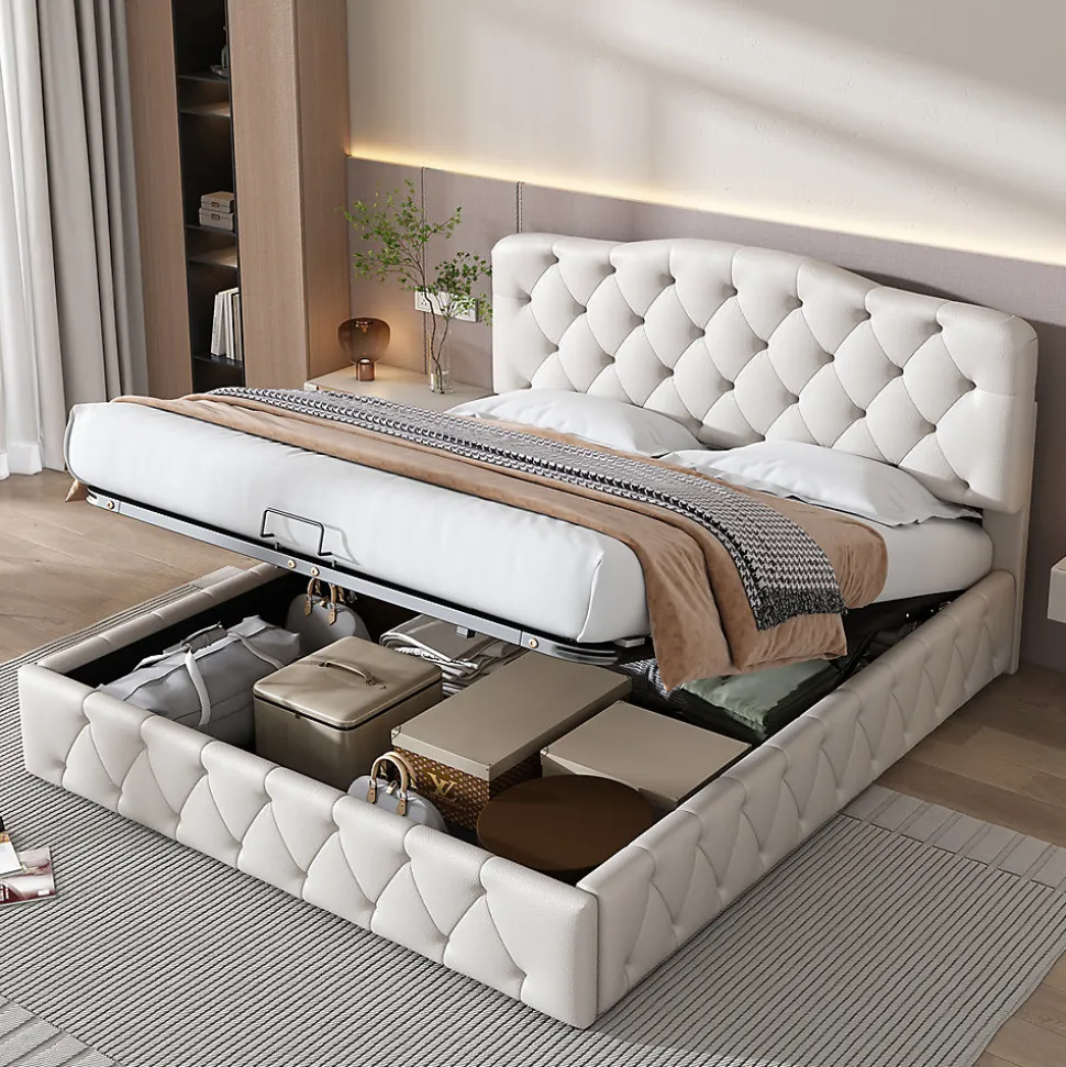 Lit adulte lit 140x200 cm lit rembourré hydraulique lit double pu blanc