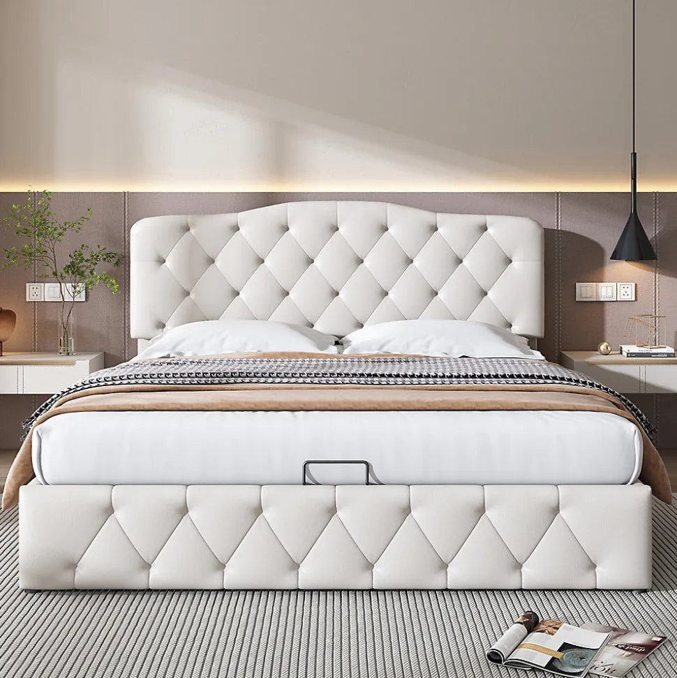 Lit adulte lit 140x200 cm lit rembourré hydraulique lit double pu blanc