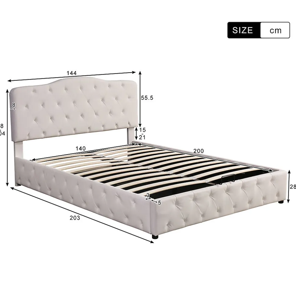 Lit adulte lit 140x200 cm lit rembourré hydraulique lit double pu blanc