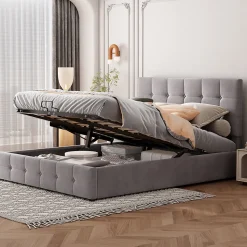 Lit adulte lit 140x200 cm lit rembourré hydraulique lit de rangement lit double velours gris