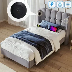 Lit adulte lit 90x200 cm lit rembourré avec fonction de charge usb type c Single lin gris