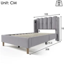 Lit adulte lit 90x200 cm lit rembourré avec fonction de charge usb type c Single lin gris