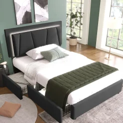 Lit adulte lit 90x200 cm lit rembourré lit eclairage led lit 2 tiroirs lit sommier à lattes en bois Single lin gris