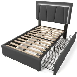 Lit adulte lit 90x200 cm lit rembourré lit eclairage led lit 2 tiroirs lit sommier à lattes en bois Single lin gris