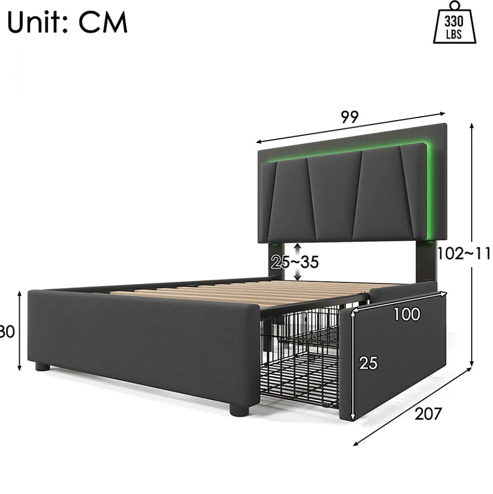 Lit adulte lit 90x200 cm lit rembourré lit eclairage led lit 2 tiroirs lit sommier à lattes en bois Single lin gris