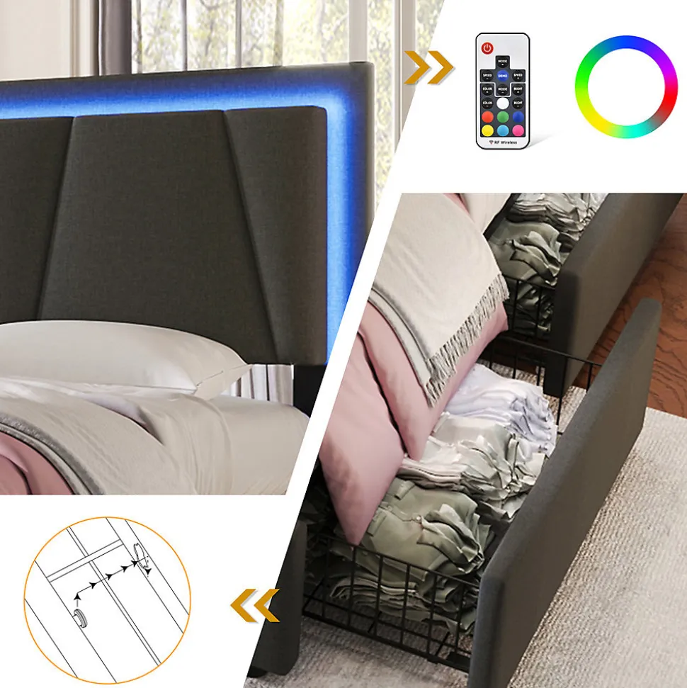 Lit adulte lit 90x200 cm lit rembourré lit eclairage led lit 2 tiroirs lit sommier à lattes en bois Single lin gris