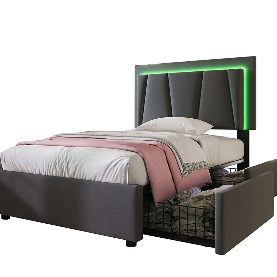 Lit adulte lit 90x200 cm lit rembourré lit eclairage led lit 2 tiroirs lit sommier à lattes en bois Single lin gris