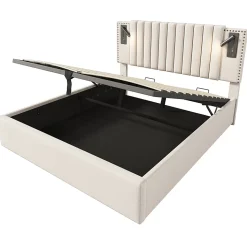 Lit adulte lit 180x200 cm lit rembourré lit de rangement avec sommier à lattes lit double coton beige