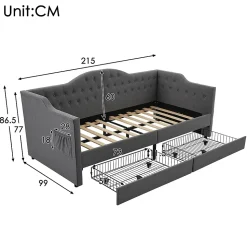 Lit adulte lit 90x200 cm lit rembourré avec 2 tiroirs Single lin gris