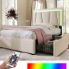Lit adulte lit 90x200 cm lit rembourré lit eclairage led lit 2 tiroirs lit sommier à lattes en bois Single lin beige