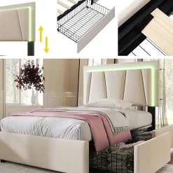 Lit adulte lit 90x200 cm lit rembourré lit eclairage led lit 2 tiroirs lit sommier à lattes en bois Single lin beige