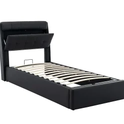 Lit adulte lit 90x200 cm lit rembourré hydraulique Single avec sommier à lattes pu noir