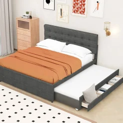 Lit adulte lit 140x200 cm lit rembourré avec trois tiroirs lit double lin gris