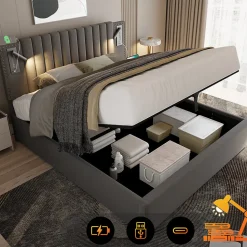 Lit adulte lit 140x200 cm lit rembourré lit de rangement avec sommier à lattes lit double coton gris