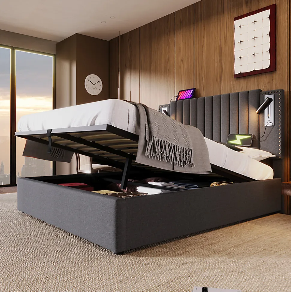 Lit adulte lit 140x200 cm lit rembourré lit de rangement avec sommier à lattes lit double coton gris