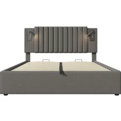 Lit adulte lit 140x200 cm lit rembourré lit de rangement avec sommier à lattes lit double coton gris