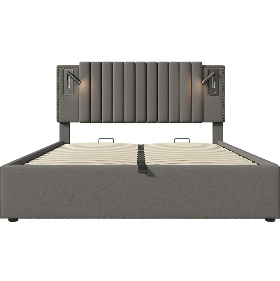 Lit adulte lit 140x200 cm lit rembourré lit de rangement avec sommier à lattes lit double coton gris