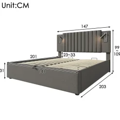 Lit adulte lit 140x200 cm lit rembourré lit de rangement avec sommier à lattes lit double coton gris