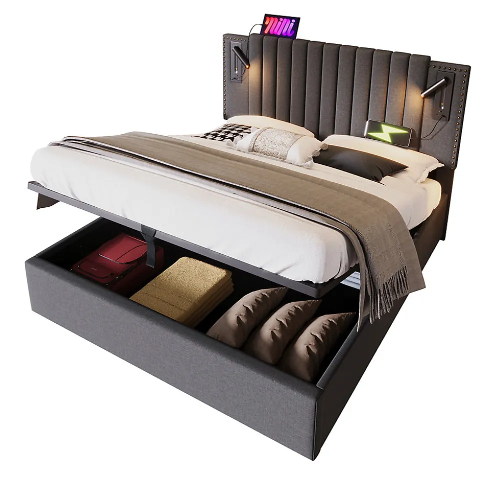 Lit adulte lit 140x200 cm lit rembourré lit de rangement avec sommier à lattes lit double coton gris