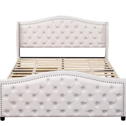 Lit adulte lit 140x200 cm lit rembourré avec sommier à lattes lit 2 tiroirs lit double pu blanc