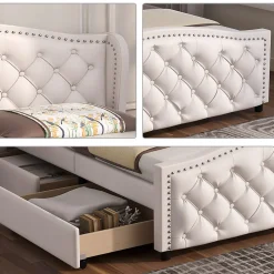 Lit adulte lit 140x200 cm lit rembourré avec sommier à lattes lit 2 tiroirs lit double pu blanc