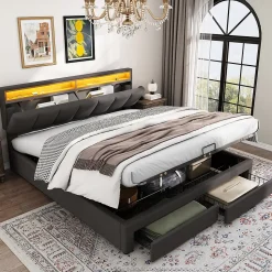 Lit adulte lit 160x200 cm lit rembourré hydraulique lit de rangement avec éclairage led lit double lin gris