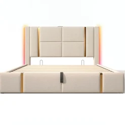 Lit adulte lit 160x200 cm lit rembourré lit de rangement lit sommier à lattes en bois lit double lin beige