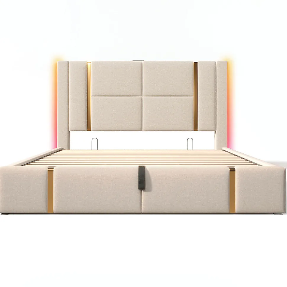 Lit adulte lit 160x200 cm lit rembourré lit de rangement lit sommier à lattes en bois lit double lin beige