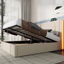 Lit adulte lit 160x200 cm lit rembourré lit de rangement lit sommier à lattes en bois lit double lin beige