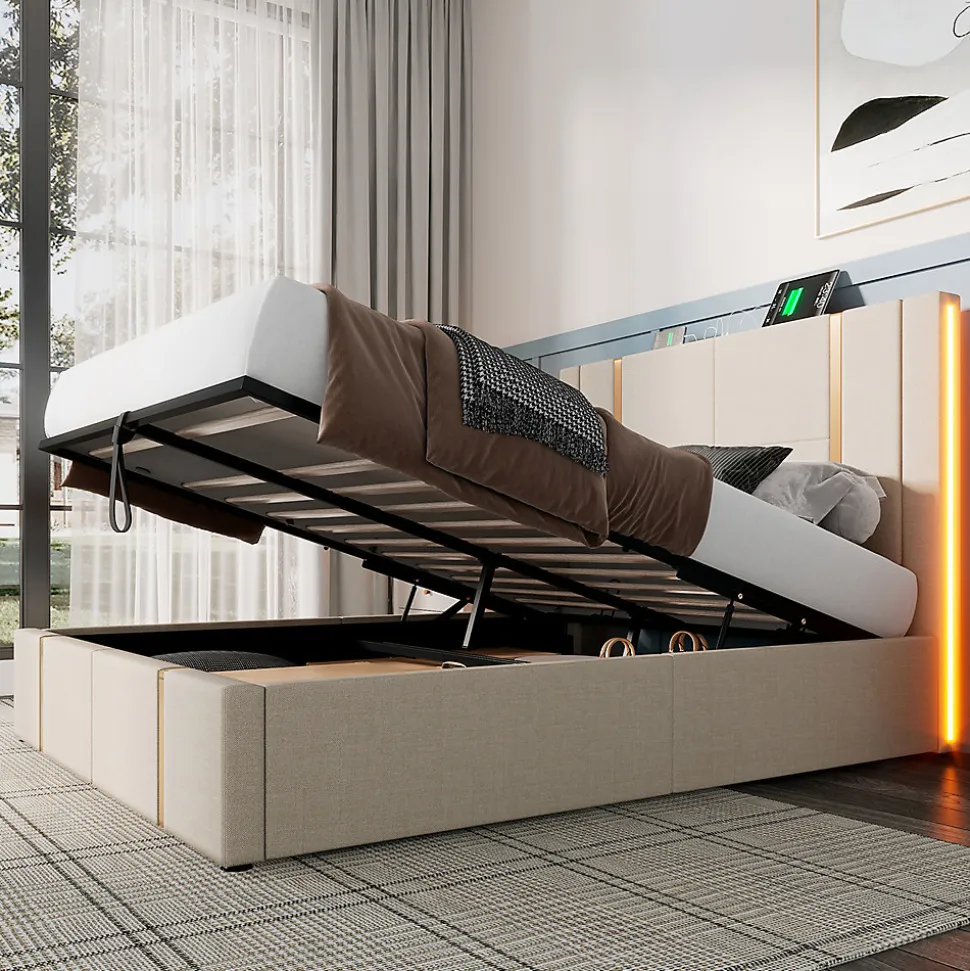 Lit adulte lit 160x200 cm lit rembourré lit de rangement lit sommier à lattes en bois lit double lin beige