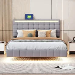 Lit adulte lit 140x200 cm lit rembourré avec lampes led lit double lin gris