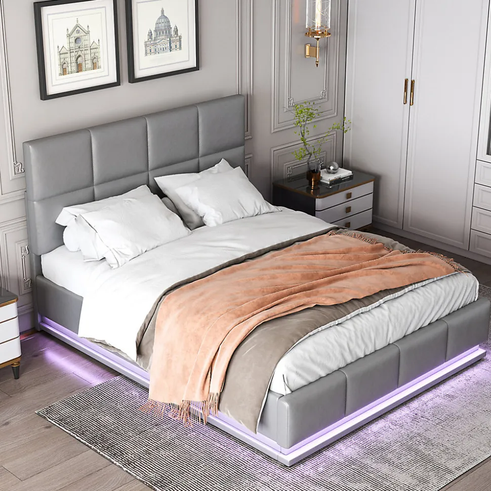 Lit adulte lit 140x200 cm lit rembourré hydraulique avec éclairage led lit double cuir synthétique gris foncé