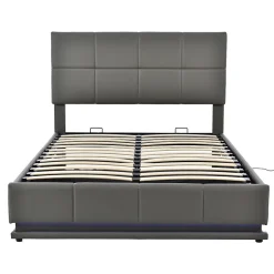 Lit adulte lit 140x200 cm lit rembourré hydraulique avec éclairage led lit double cuir synthétique gris foncé