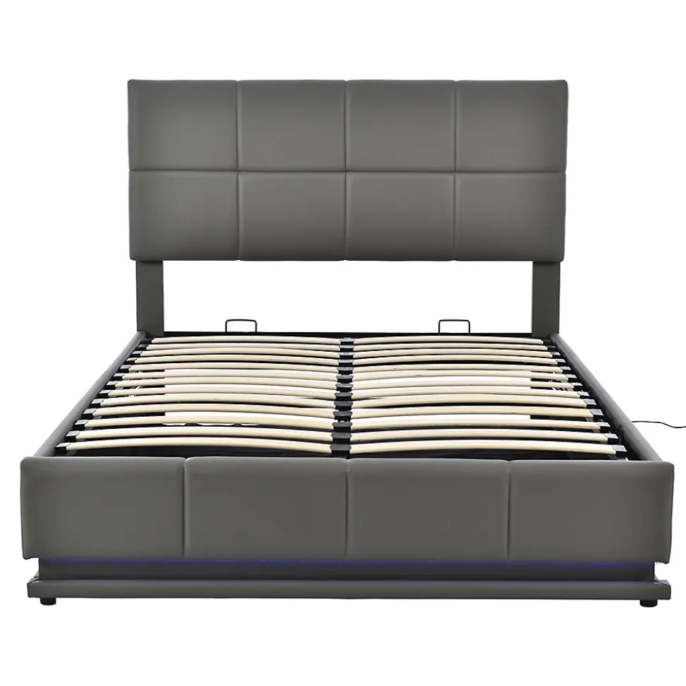 Lit adulte lit 140x200 cm lit rembourré hydraulique avec éclairage led lit double cuir synthétique gris foncé