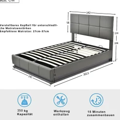 Lit adulte lit 140x200 cm lit rembourré hydraulique avec éclairage led lit double cuir synthétique gris foncé