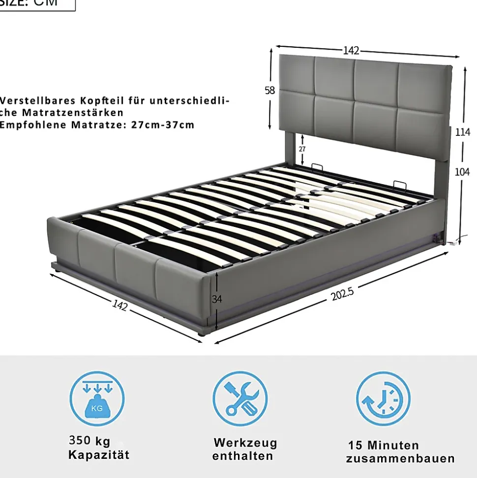 Lit adulte lit 140x200 cm lit rembourré hydraulique avec éclairage led lit double cuir synthétique gris foncé
