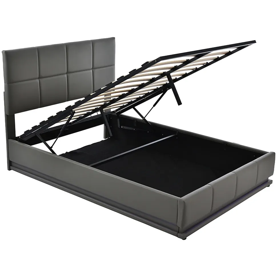 Lit adulte lit 140x200 cm lit rembourré hydraulique avec éclairage led lit double cuir synthétique gris foncé