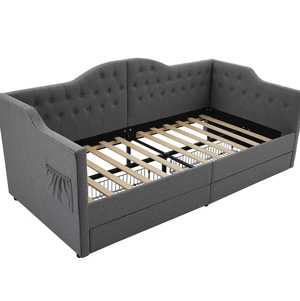 Lit adulte lit 90x190 cm lit rembourré avec 2 tiroirs Single lin gris