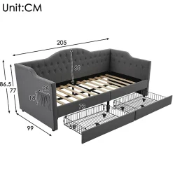 Lit adulte lit 90x190 cm lit rembourré avec 2 tiroirs Single lin gris