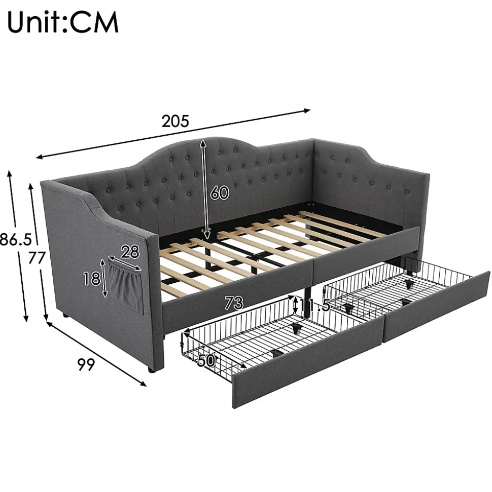 Lit adulte lit 90x190 cm lit rembourré avec 2 tiroirs Single lin gris