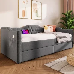 Lit adulte lit 90x190 cm lit rembourré avec 2 tiroirs Single lin gris