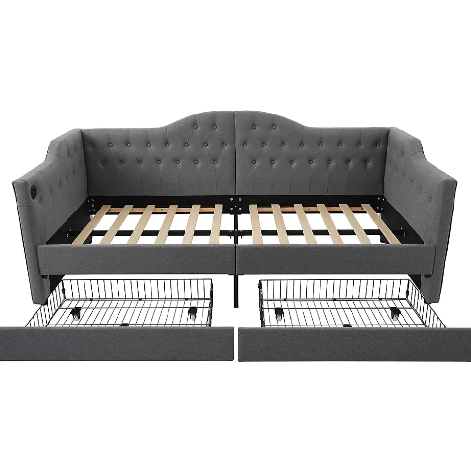 Lit adulte lit 90x190 cm lit rembourré avec 2 tiroirs Single lin gris